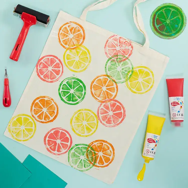 Lemon Lino Print Tote Bag craft activity