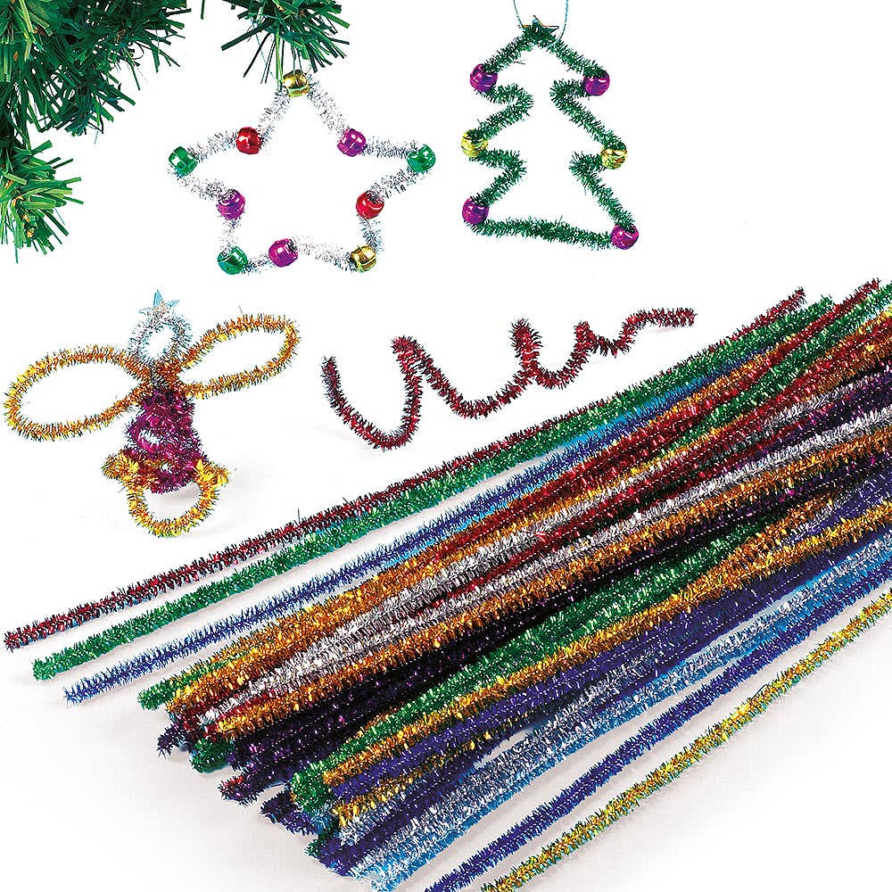 Tinsel Pipe Cleaners (Pack of 72) Christmas Craft Supplies, Assorted Glitter Colours, Size 30cm